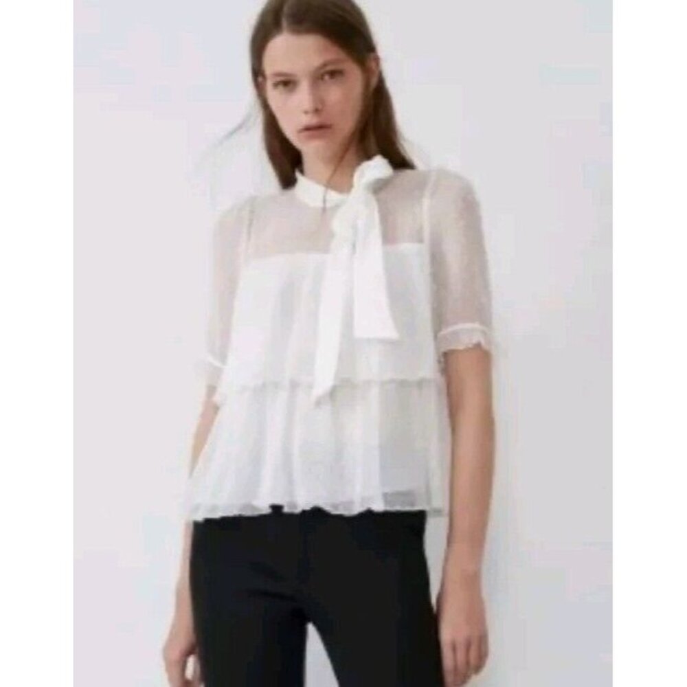 Zara White Smocked Peasant Swiss Dot Tiered Blouse Preppy Peasant Size XS NWT